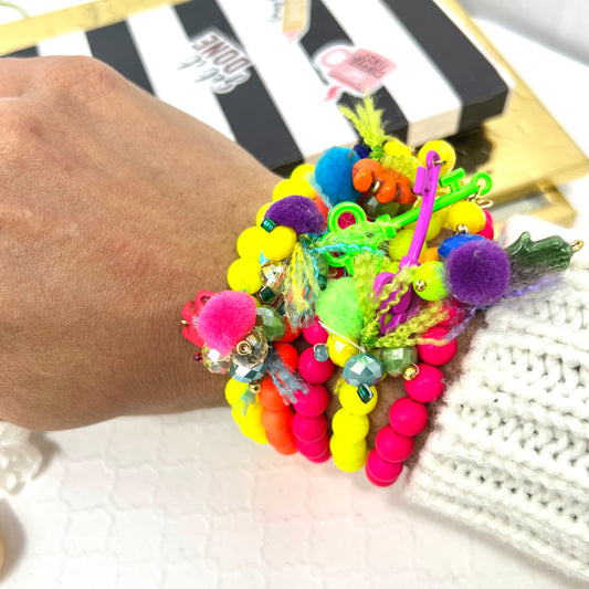 Bracelet with neon colored beads, elastic, bohemian style, summer and beach bracelet