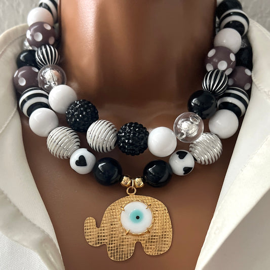 Handmade Layered Beaded Necklace with Gold Plated Elephant Charms – Adjustable Two-Strand Chunky Beads Jewelry
