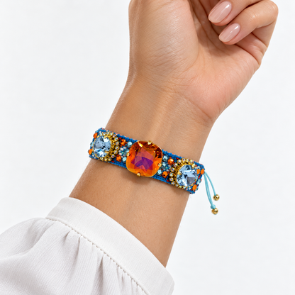 Blue & Orange Macramé Bracelet with Swarovski Crystals