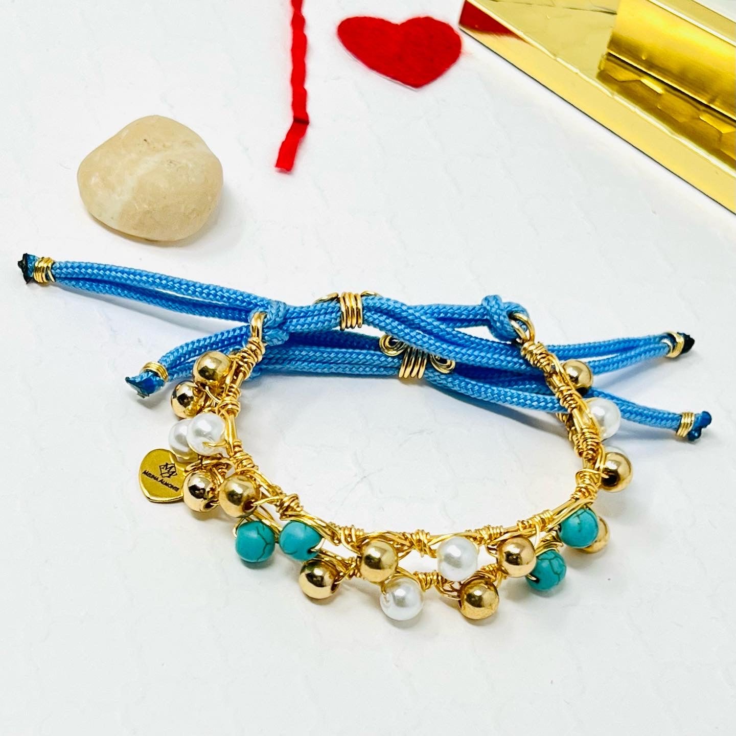 Pearl And Turquoise Beaded Bracelet, Handmade Adjustable Gold Bracelet
