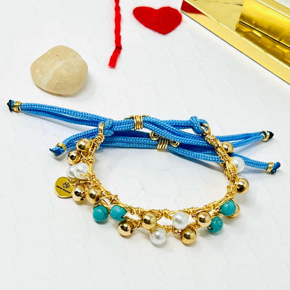 Pearl And Turquoise Beaded Bracelet, Handmade Adjustable Gold Bracelet