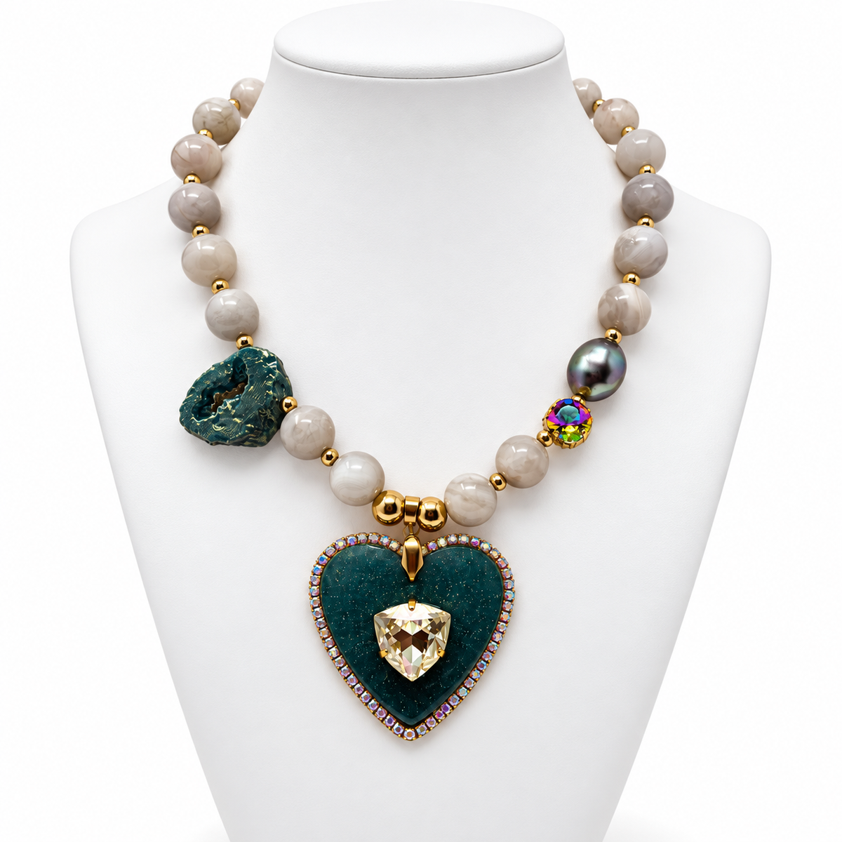 Agate & Grey Pearl Necklace with Swarovski Crystal Resin Heart