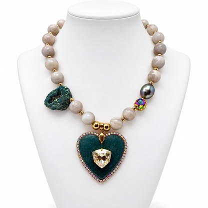 Agate & Grey Pearl Necklace with Swarovski Crystal Resin Heart
