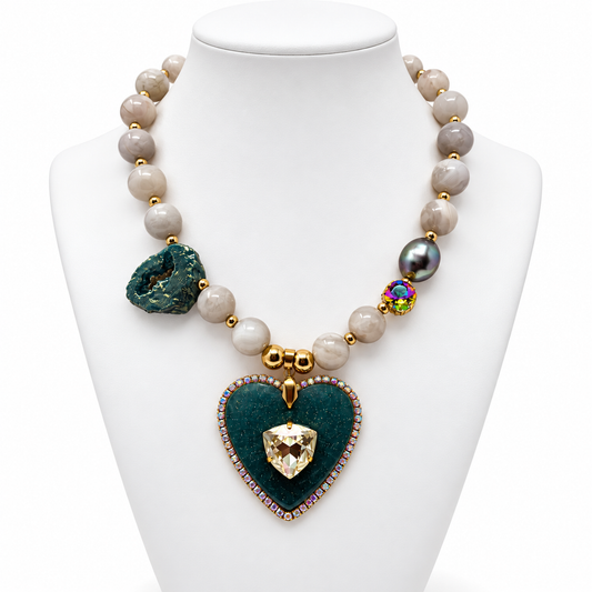 Agate & Grey Pearl Necklace with Swarovski Crystal Resin Heart