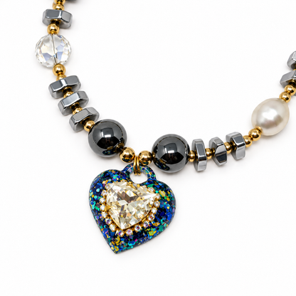 Hematite Heart Pendant Necklace with Trilliant Swarovski Crystal