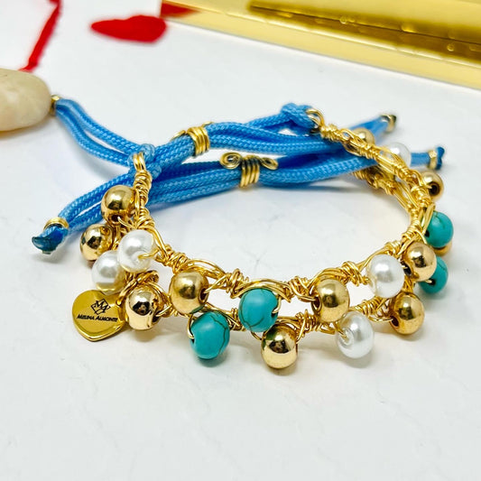 Pearl And Turquoise Beaded Bracelet, Handmade Adjustable Gold Bracelet