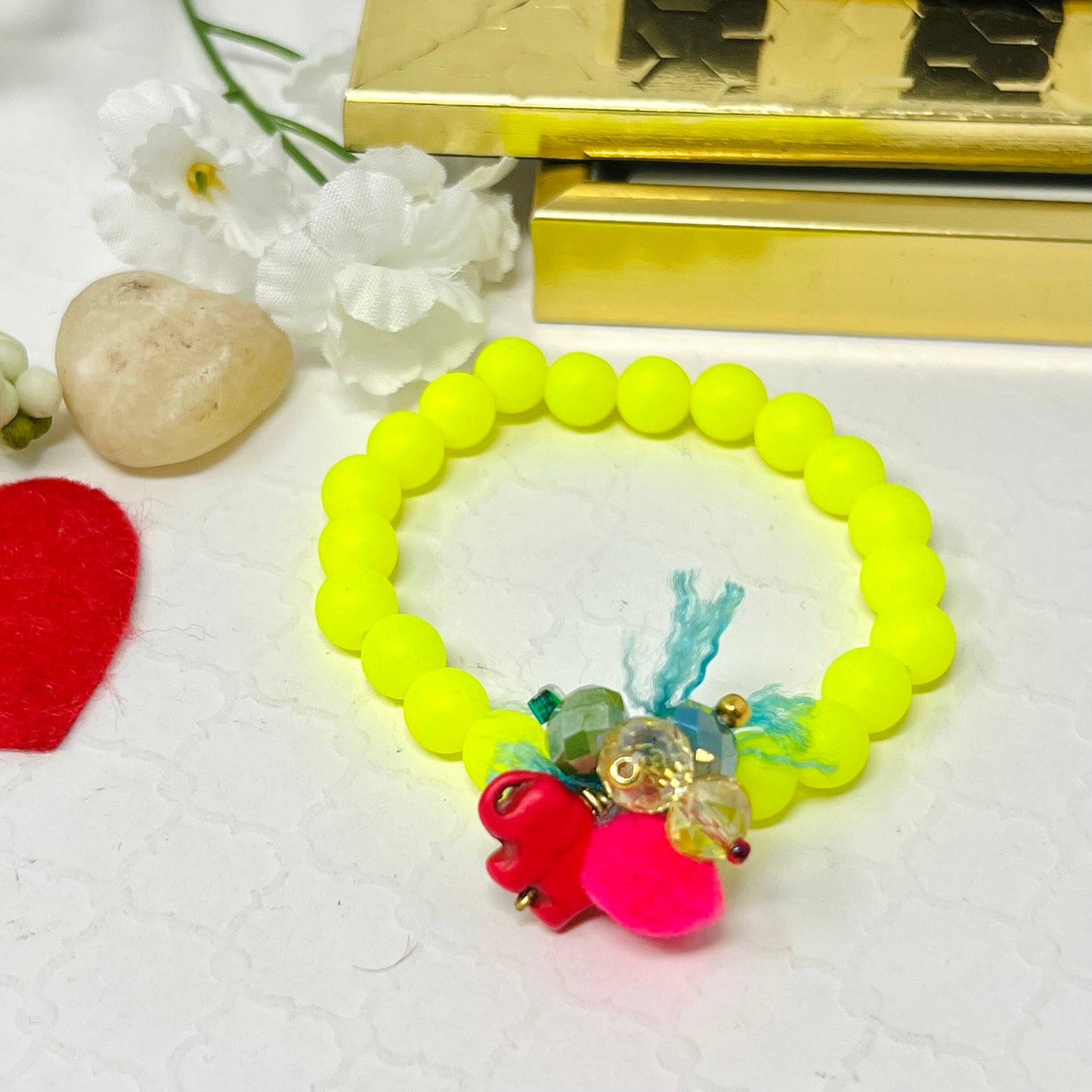 Bracelet with neon colored beads, elastic, bohemian style, summer and beach bracelet
