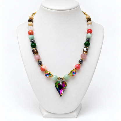 Mixed Gemstone Necklace with Crystal Heart & Swarovski Accents