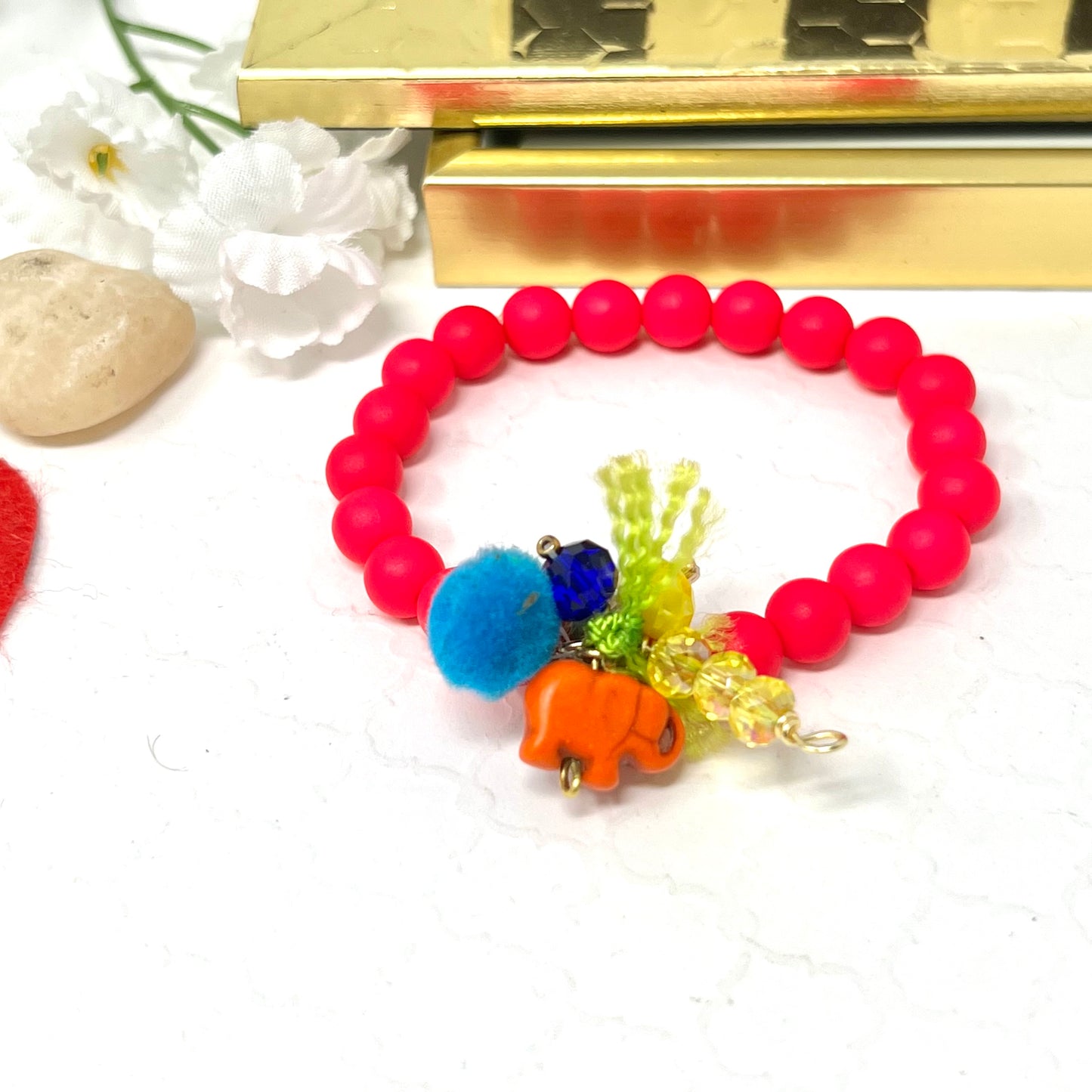 Bracelet with neon colored beads, elastic, bohemian style, summer and beach bracelet