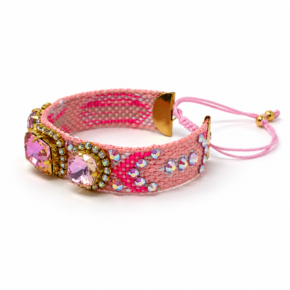 Pink Macramé Bracelet with Mixed-Cut Swarovski Crystals