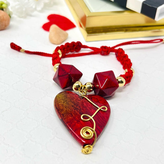 Red heart bracelet with gold plated beads woven macramé