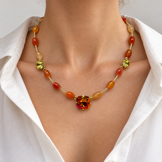 Oval Agate Necklace with Cushion-Cut Swarovski Crystal