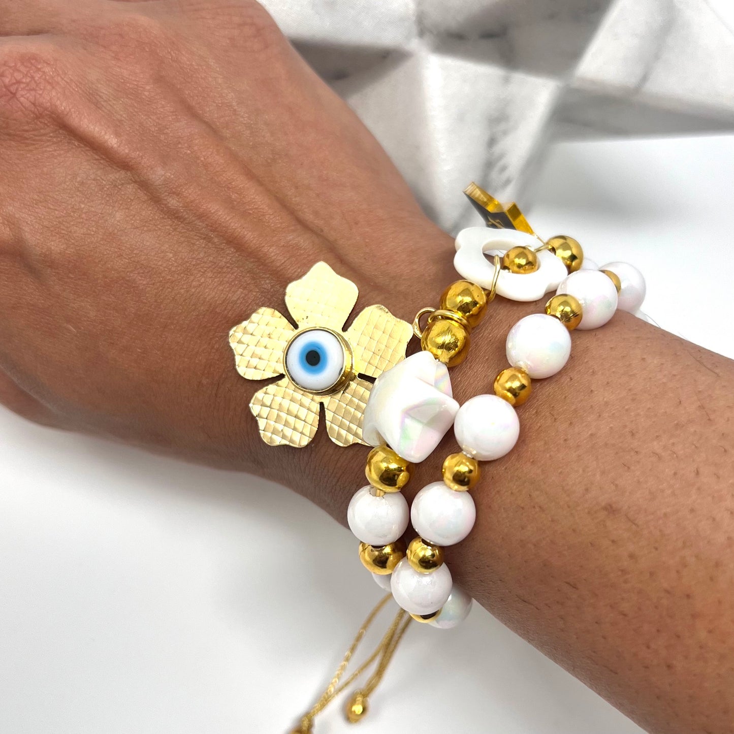 Handmade white beaded bracelet sets with flower evil eyes pendant, bracelet for women