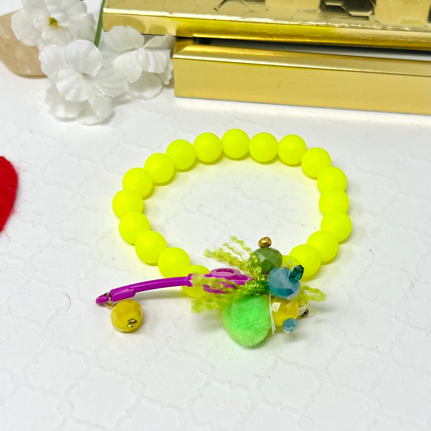 Bracelet with neon colored beads, elastic, bohemian style, summer and beach bracelet