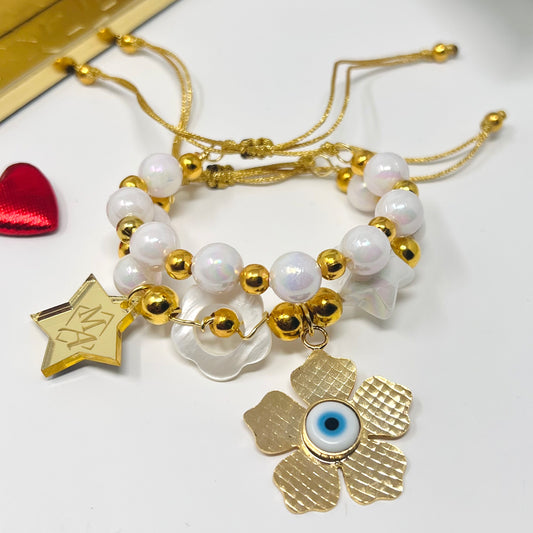 Handmade white beaded bracelet sets with flower evil eyes pendant, bracelet for women