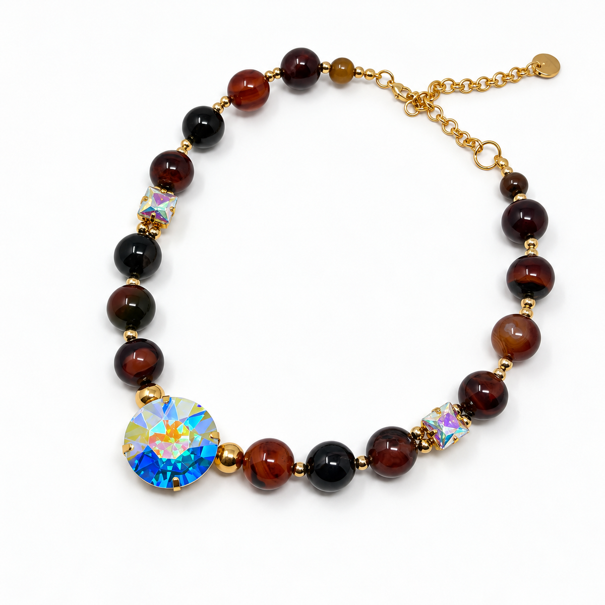 Agate crystal necklace laid flat, showing the extension chain.