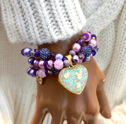 Handmade Purple Beaded Bracelet with Resin Heart Charm