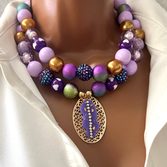 Layered Beaded Necklace with Gold Plated Charms – Adjustable Two-Strand Chunky Beads Jewelry