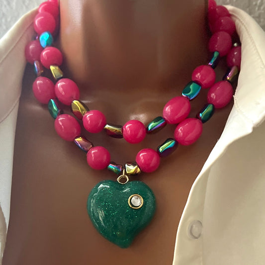 Handmade Double-Layer Resin Beaded Necklace with Heart Pendant and Austrian Crystals – Adjustable Statement Jewelry