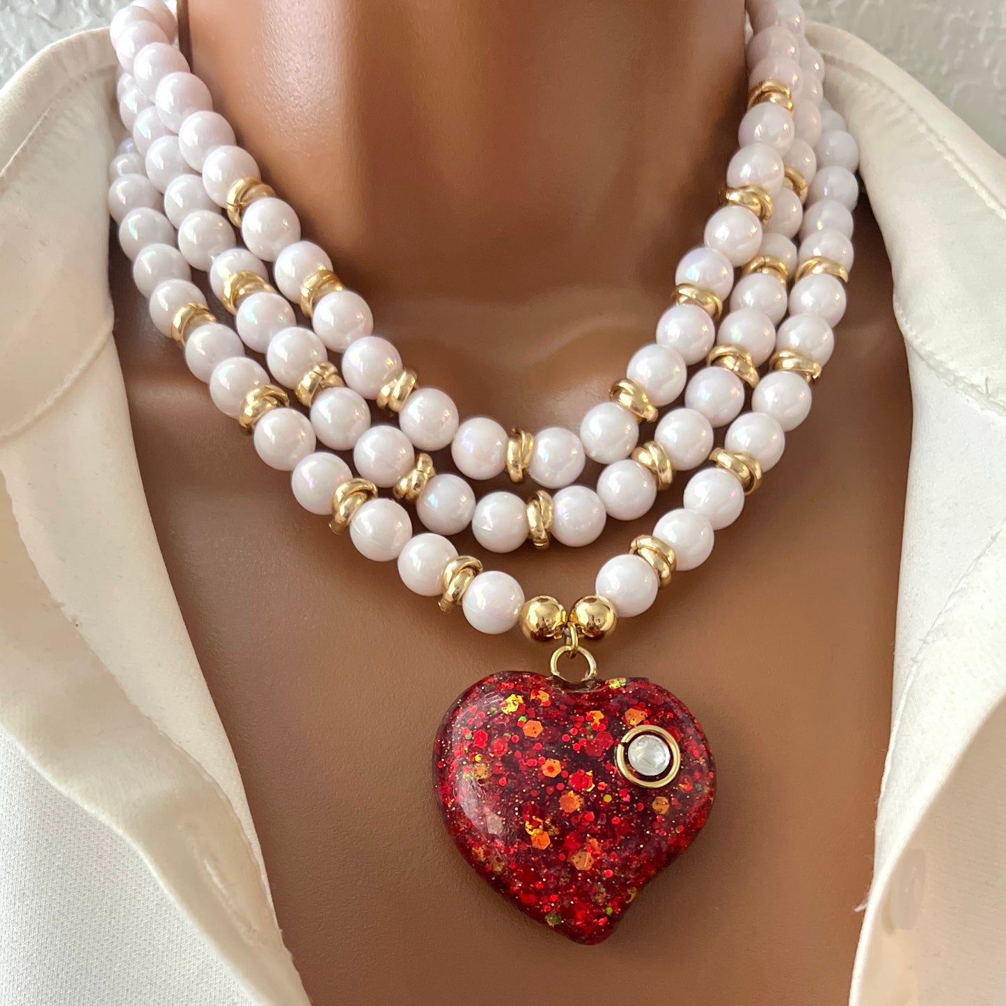 Layered Beaded Necklace with Resin Heart Pendant, Handmade Necklace