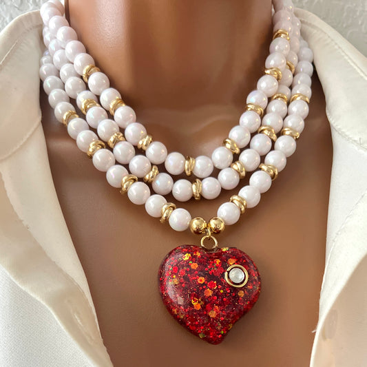 Layered Beaded Necklace with Resin Heart Pendant, Handmade Necklace