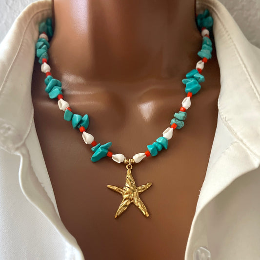 Handmade Turquoise Chip Bead Necklace with Natural Shell, Crystal Beads & Gold Stainless Steel Starfish Pendant – Adjustable Beach Jewelry