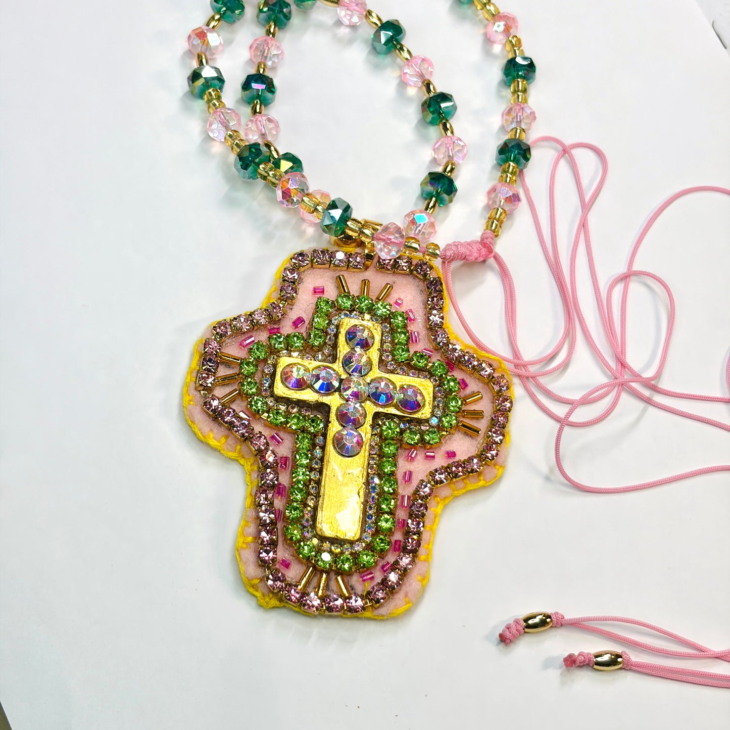 Hand- embroidered Cross Necklace, Crystal Cross Pendant, Christian Jewelry,