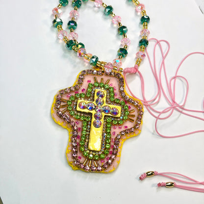 Hand- embroidered Cross Necklace, Crystal Cross Pendant, Christian Jewelry,