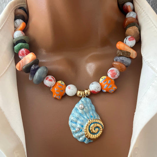 Handmade Colorful Beaded Necklace with Ceramic Fish Charms and Enamel Seashell Pendant – Adjustable Beach-Inspired Jewelry