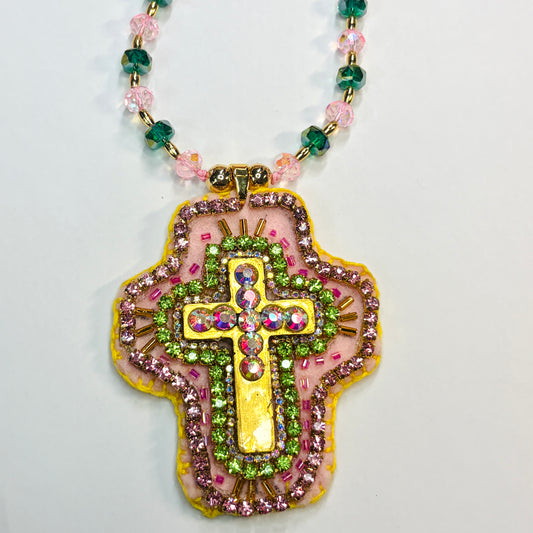 Hand- embroidered Cross Necklace, Crystal Cross Pendant, Christian Jewelry,