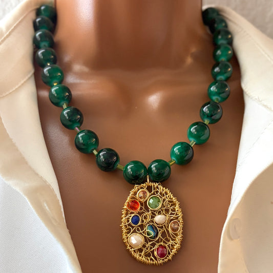 Handmade Green Glass Beaded Necklace with a Pendant Draped gold plated wire – Adjustable Chunky Beads Jewelry