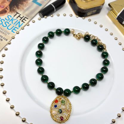 Handmade Green Glass Beaded Necklace with a Pendant Draped gold plated wire – Adjustable Chunky Beads Jewelry
