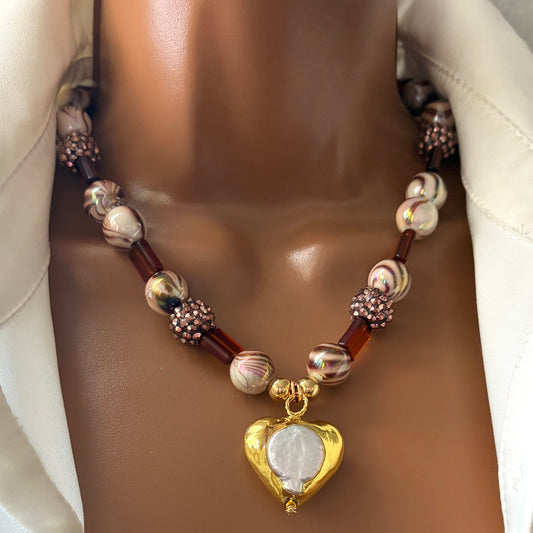 Handmade Beaded Necklace with Autumn- Colored Beads and a Heart Pendant  Gold Plated  – Adjustable Chunky Beads Jewelry
