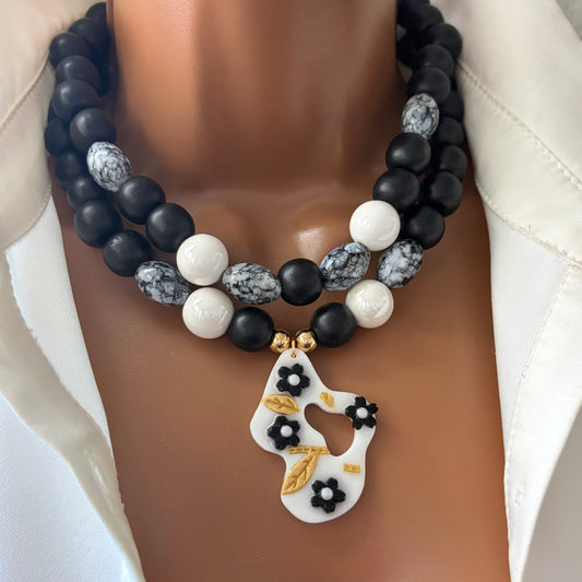 Handmade Layered Beaded Necklace with Resin Charms – Adjustable Two-Strand Chunky Beads Jewelry