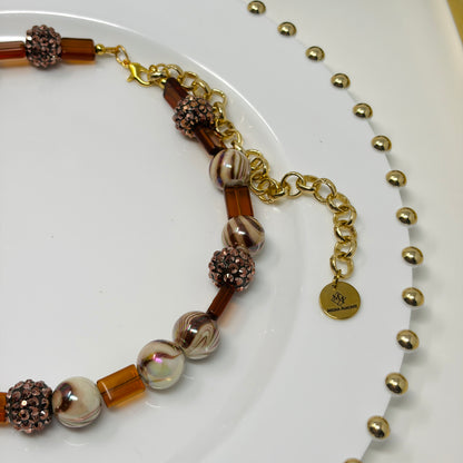 Handmade Beaded Necklace with Autumn- Colored Beads and a Heart Pendant  Gold Plated  – Adjustable Chunky Beads Jewelry