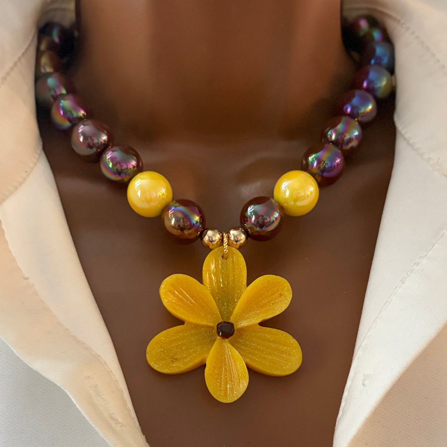 Yellow Flower Charm beaded necklace - Handmade Beaded Flower Necklace