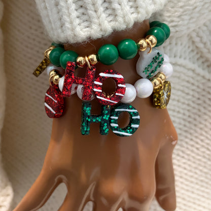 Christmas Matching Beaded Bracelet, Holiday Ho Ho Charm Bracelet