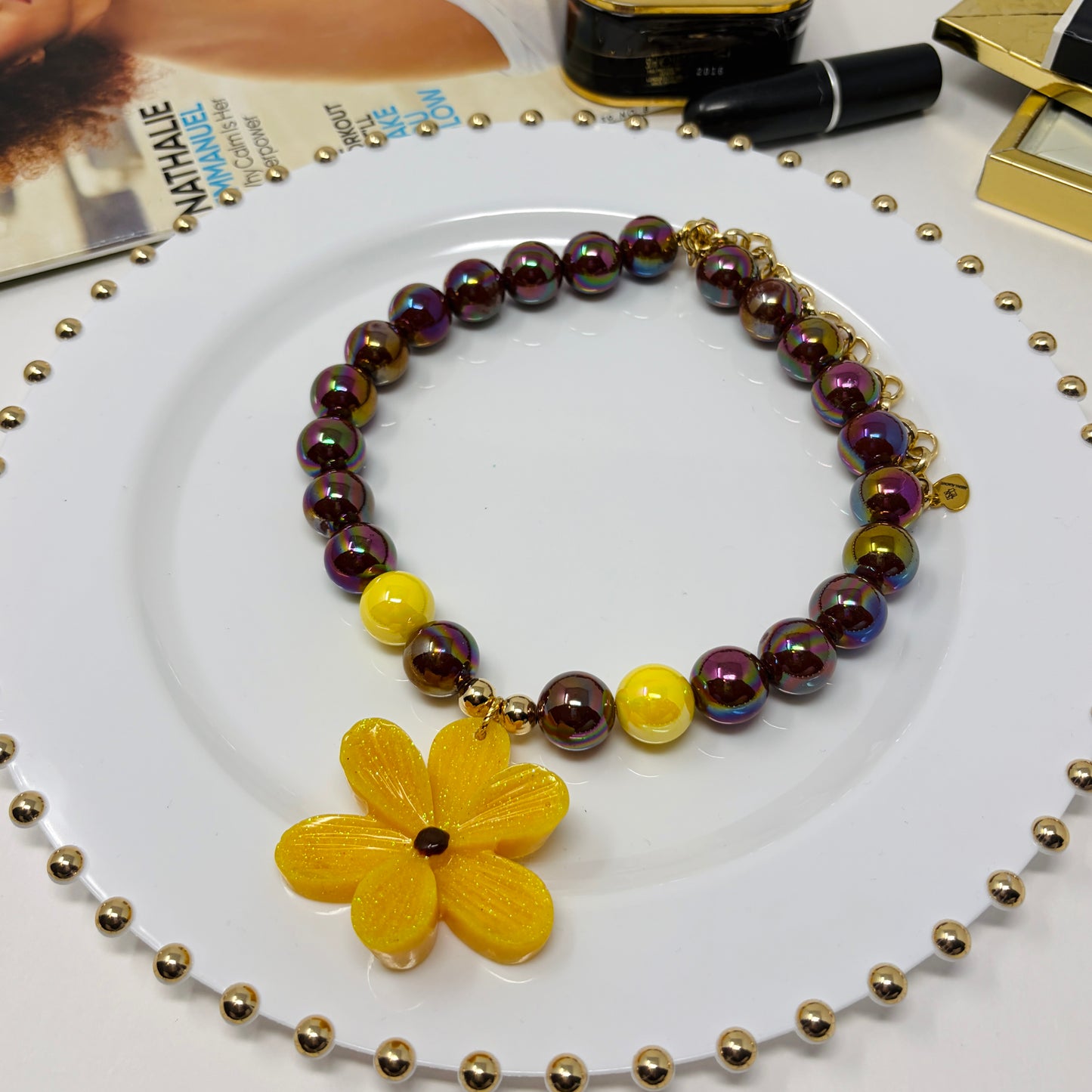 Yellow Flower Charm beaded necklace - Handmade Beaded Flower Necklace