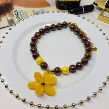 Yellow Flower Charm beaded necklace - Handmade Beaded Flower Necklace