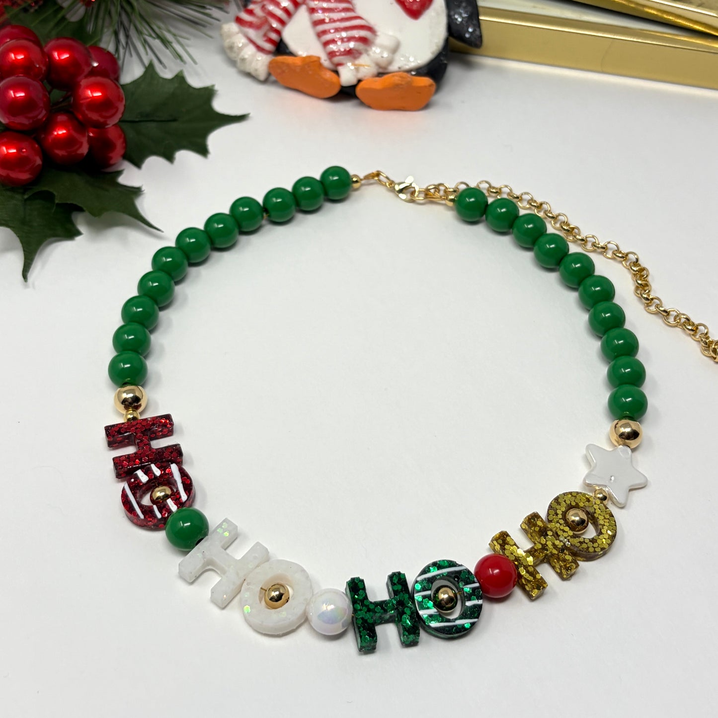 Christmas Chunky Charm Necklace, HO HO Beaded Necklace