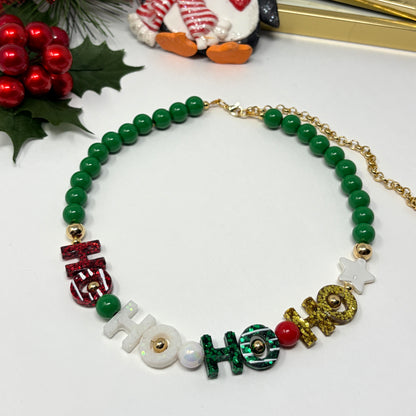 Christmas Chunky Charm Necklace, HO HO Beaded Necklace