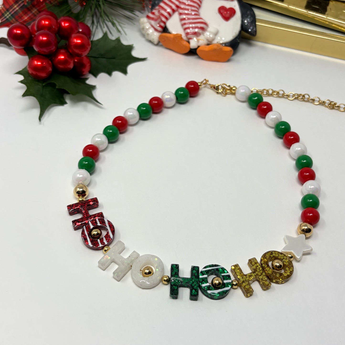 Christmas Chunky Charm Necklace, HO HO Beaded Necklace