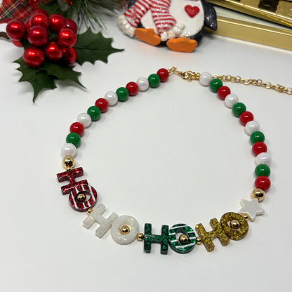 Christmas Chunky Charm Necklace, HO HO Beaded Necklace