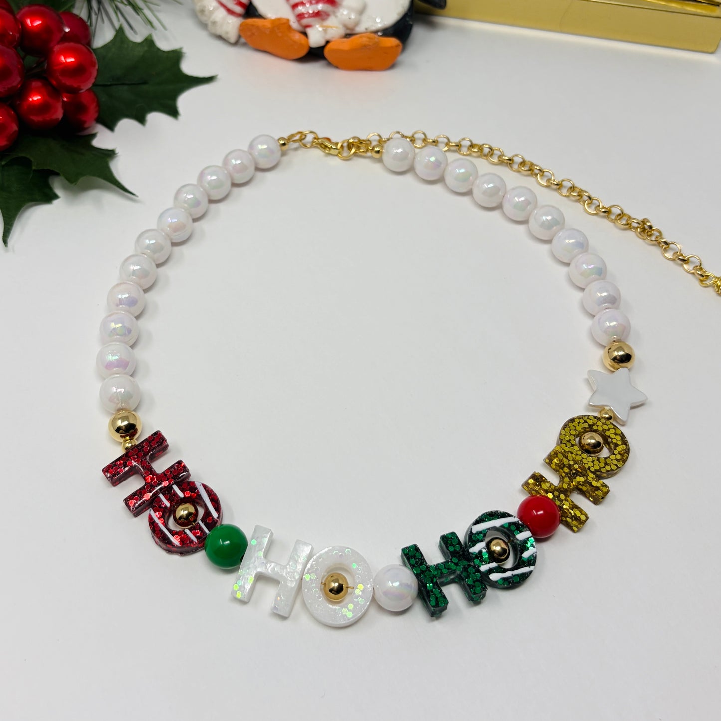 Christmas Chunky Charm Necklace, HO HO Beaded Necklace
