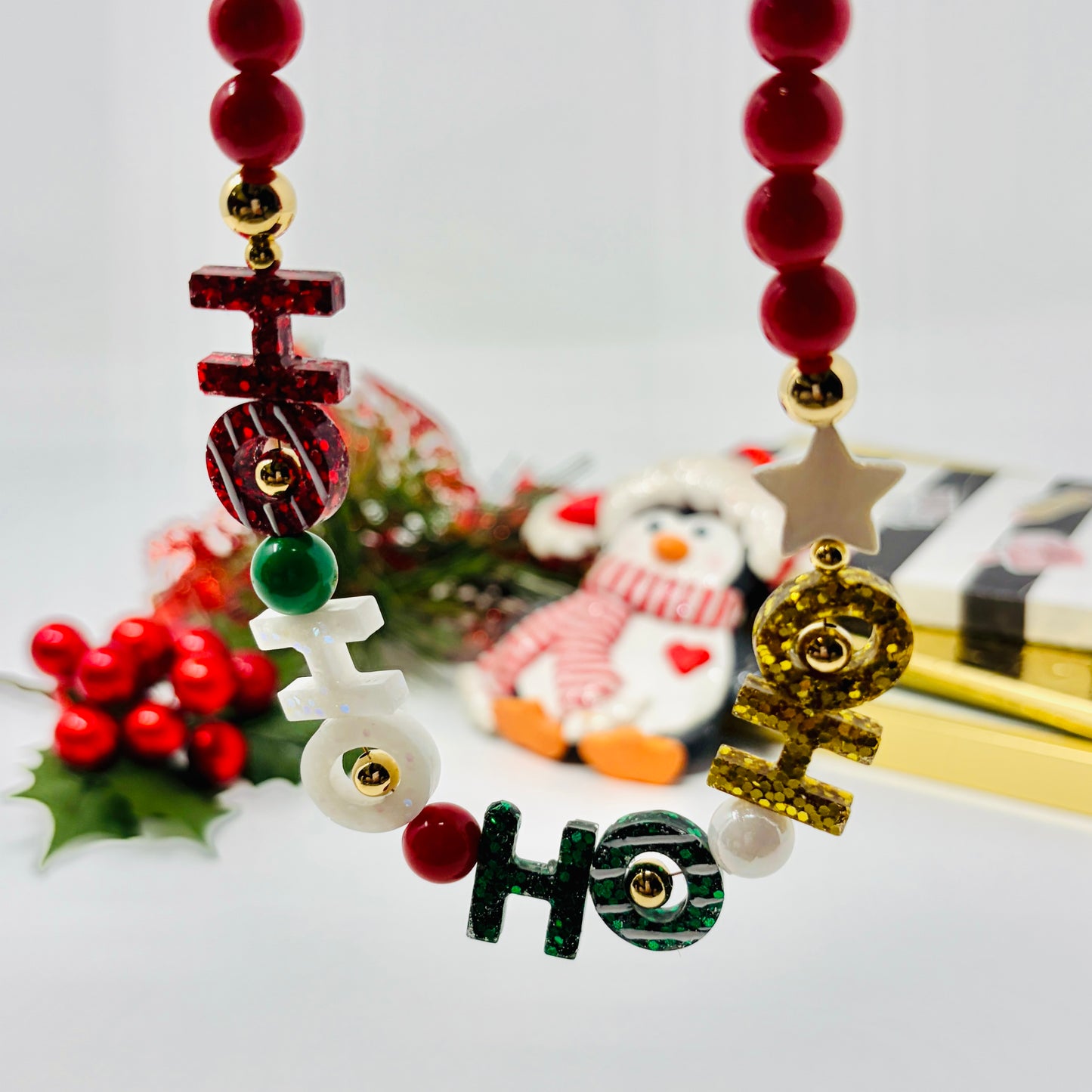 Christmas Chunky Charm Necklace, HO HO Beaded Necklace