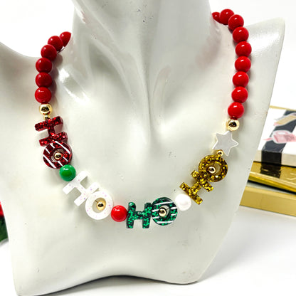 Christmas Chunky Charm Necklace, HO HO Beaded Necklace