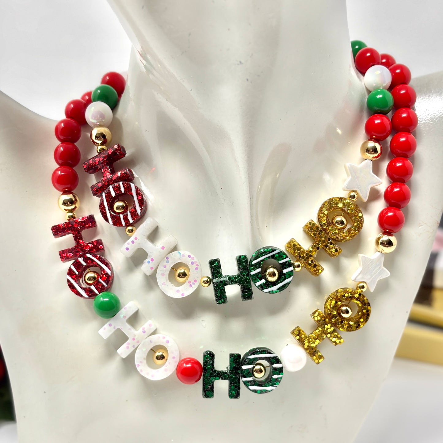 Christmas Chunky Charm Necklace, HO HO Beaded Necklace
