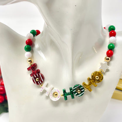 Christmas Chunky Charm Necklace, HO HO Beaded Necklace