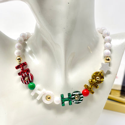 Christmas Chunky Charm Necklace, HO HO Beaded Necklace
