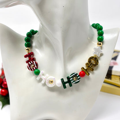 Christmas Chunky Charm Necklace, HO HO Beaded Necklace